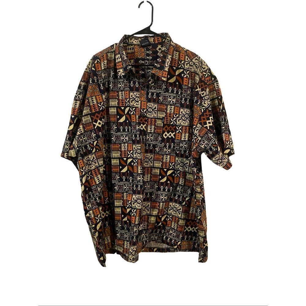 New Aisokula Mens Navy Brown White Geometric Short Sleeve Button-Up Shirt 5XL